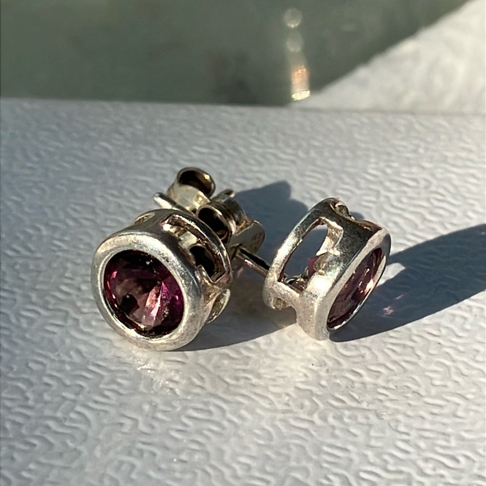 Cute Little Sterling Silver And Amethyst Stud Earrings